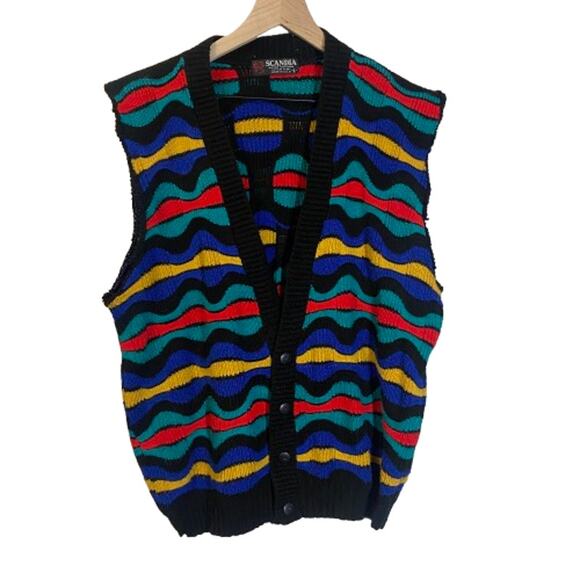 Scandia Vintage Colorful Wavy Stripe 3D Knit Sweater Vest Button Down Sz L - Picture 1 of 8